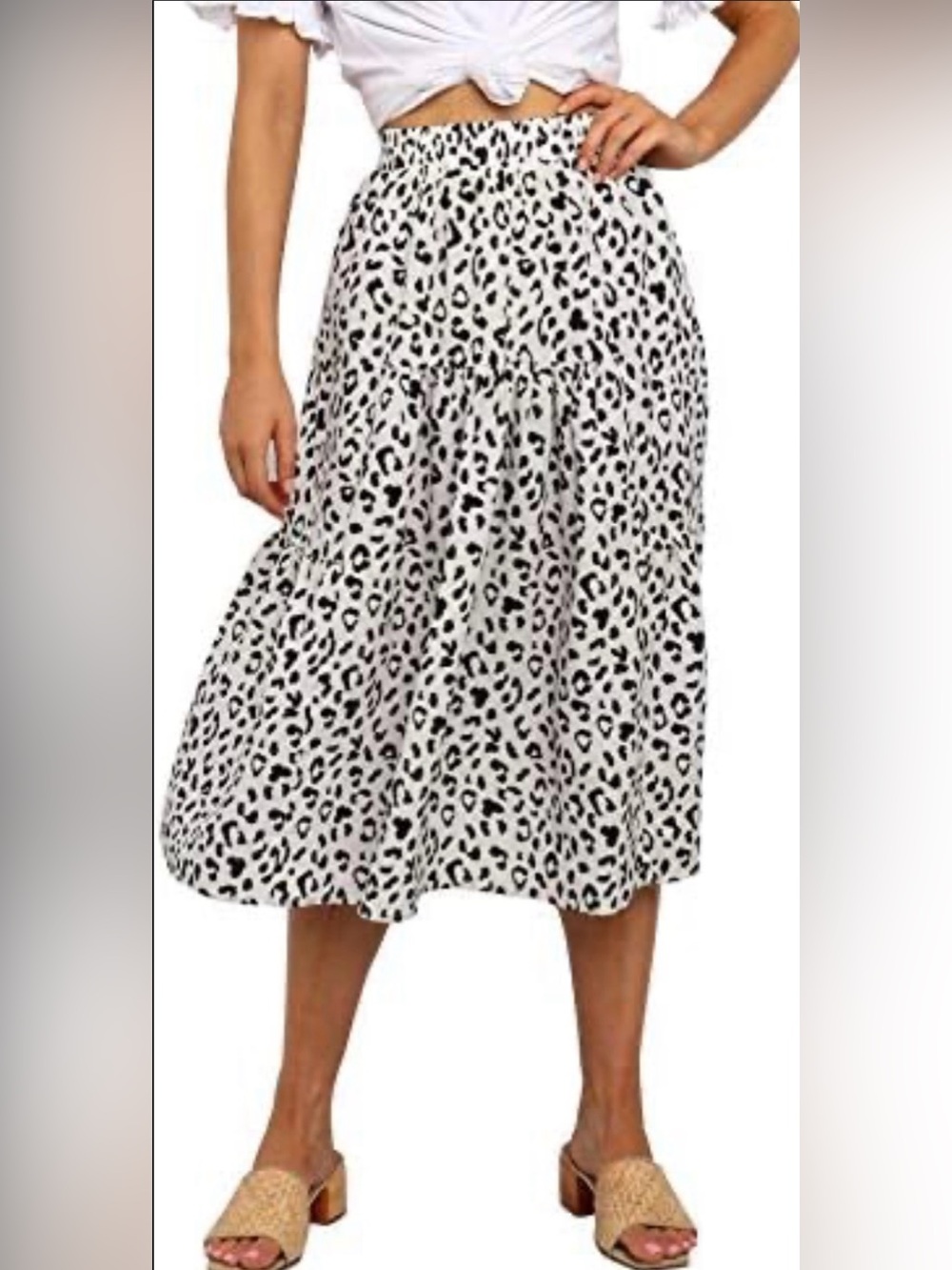Black & White Dalmatian  casual chic Print Tiered Midi Skirt size M - Picture 2 of 14